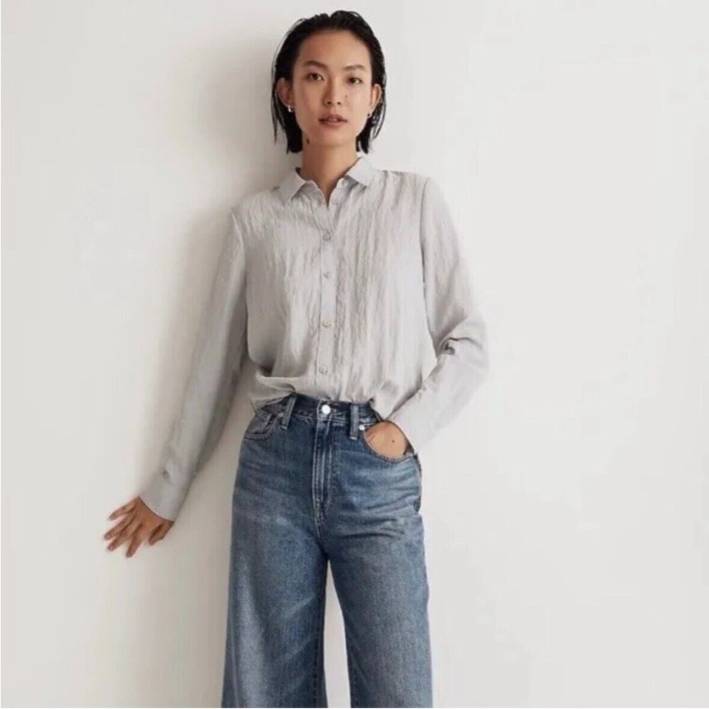 madewell paxton relaxed fit crinkled button down shirt gray women xx-small xxs